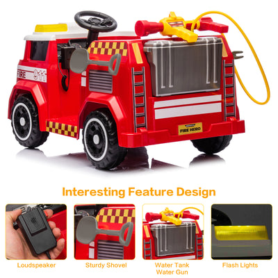 12V7AH Kids Ride on Fire Truck Fighter Battery Powered Car Toy with Remote Control, Fire Gun, Shovel, Loudspeaker, Music, Lamplight, Power Display, MP3/USB/TF Plug, Forward and Backward