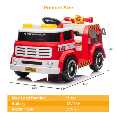 12V7AH Kids Ride on Fire Truck Fighter Battery Powered Car Toy with Remote Control, Fire Gun, Shovel, Loudspeaker, Music, Lamplight, Power Display, MP3/USB/TF Plug, Forward and Backward