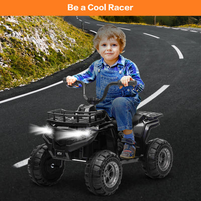 Kids Ride On Car ATV 12V Battery Powered Off-Road Electric Vehicle 4 Wheeler Quad Car Toy with 2 Motors, Storage Basket, Skid-Resistant Tires, Music, LED Headlights, Gift for Boys & Girls, Black