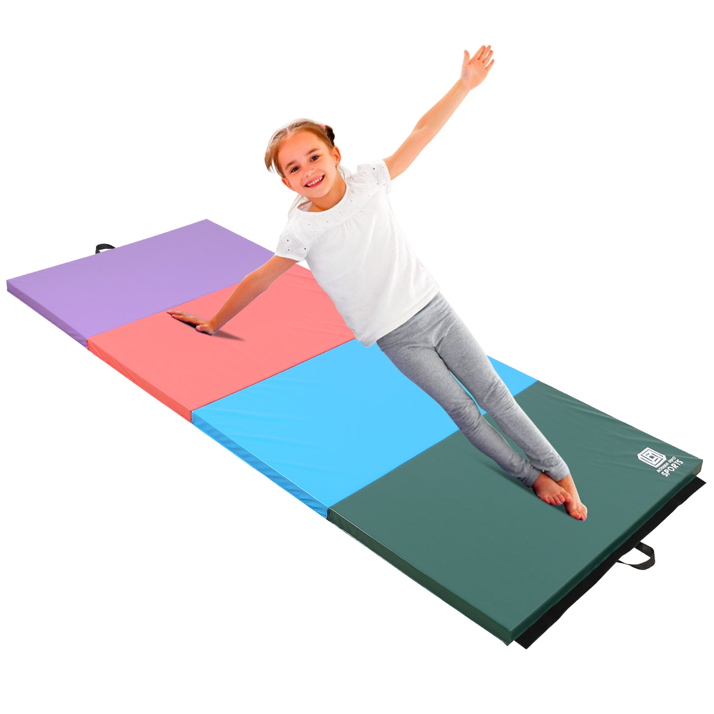Gymnastics Mat 8'x4'x2" Foldable Tumbling Mats with Carrying Handles Four Fold Thick Exercise Mat for Home Aerobics Stretching Yoga, Purple & Pink & Blue & Green