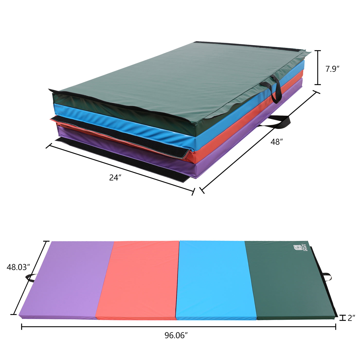 Gymnastics Mat 8'x4'x2" Foldable Tumbling Mats with Carrying Handles Four Fold Thick Exercise Mat for Home Aerobics Stretching Yoga, Purple & Pink & Blue & Green