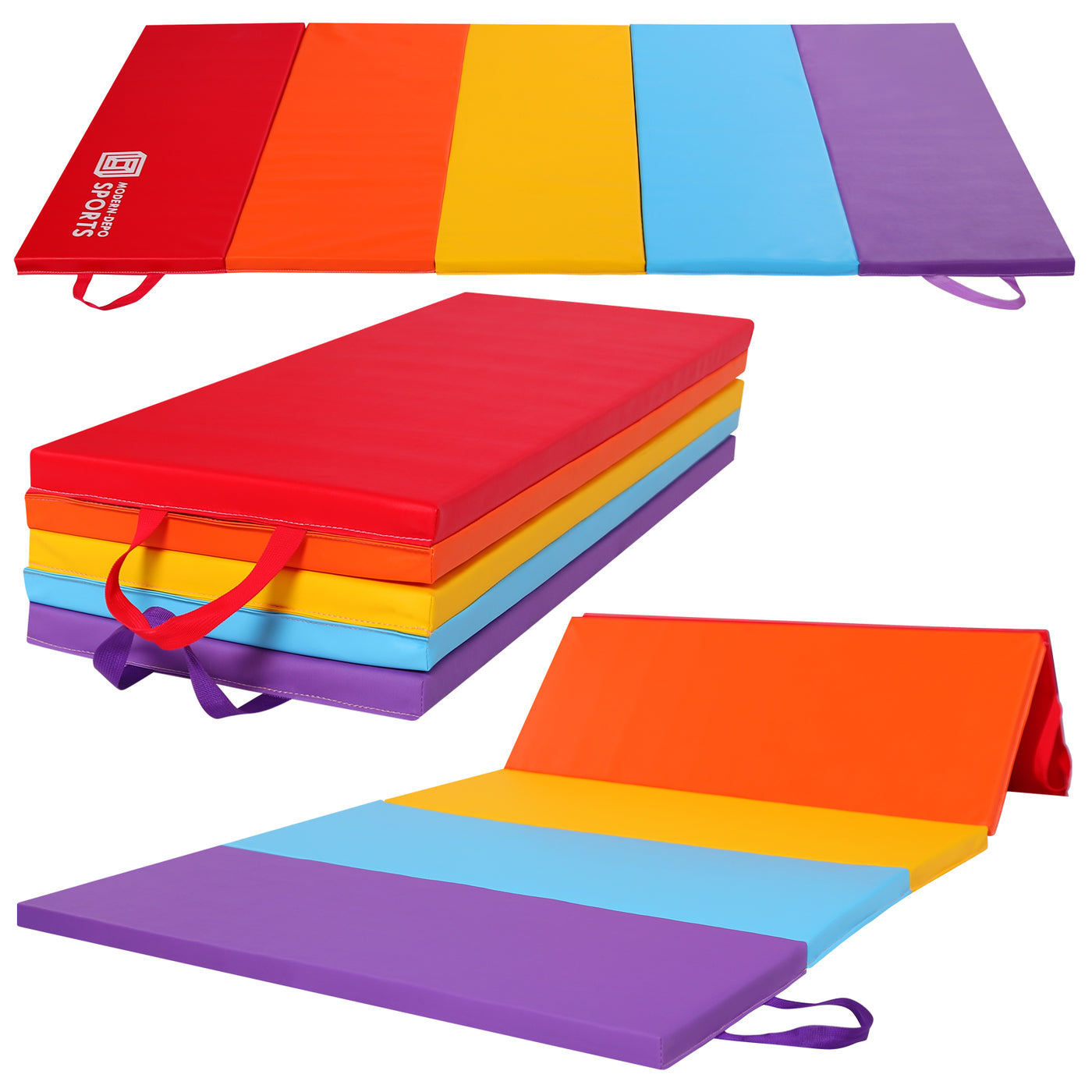 5-Folding Exercise Mat for Kids, 6'x3'x1” / 6'x3'x2" Foldable Gymnastics Mat, Home Gym Tumbling Mat with Carrying Handles, EPE Foam, 5 Panel, Waterproof, Versatile Use for Fitness Aerobics Stretching, Rainbow