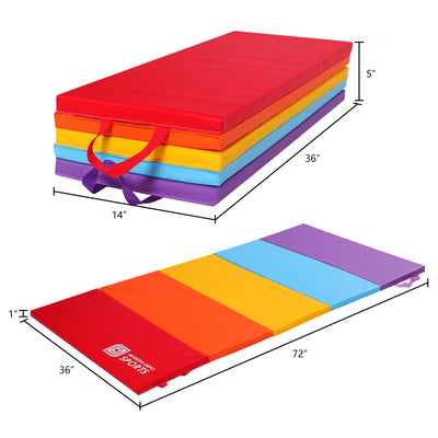 5-Folding Exercise Mat for Kids, 6'x3'x1” / 6'x3'x2" Foldable Gymnastics Mat, Home Gym Tumbling Mat with Carrying Handles, EPE Foam, 5 Panel, Waterproof, Versatile Use for Fitness Aerobics Stretching, Rainbow