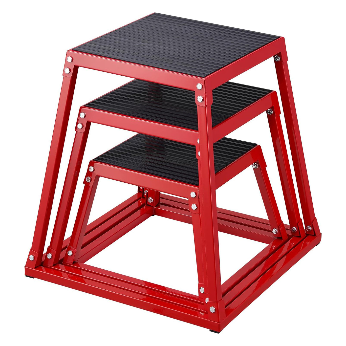 Plyometric Jump Box 3 Pcs Set, 12/18/24 Inch Fitness Exercise Platform, Steel Anti-Slip Step Up Box Jumping Agility Box for Home Gym Strength Training Workout, Black / Red