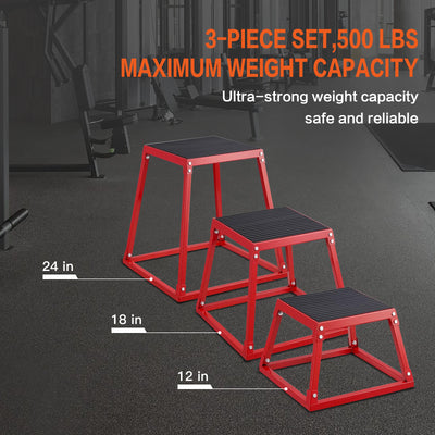 Plyometric Jump Box 3 Pcs Set, 12/18/24 Inch Fitness Exercise Platform, Steel Anti-Slip Step Up Box Jumping Agility Box for Home Gym Strength Training Workout, Red