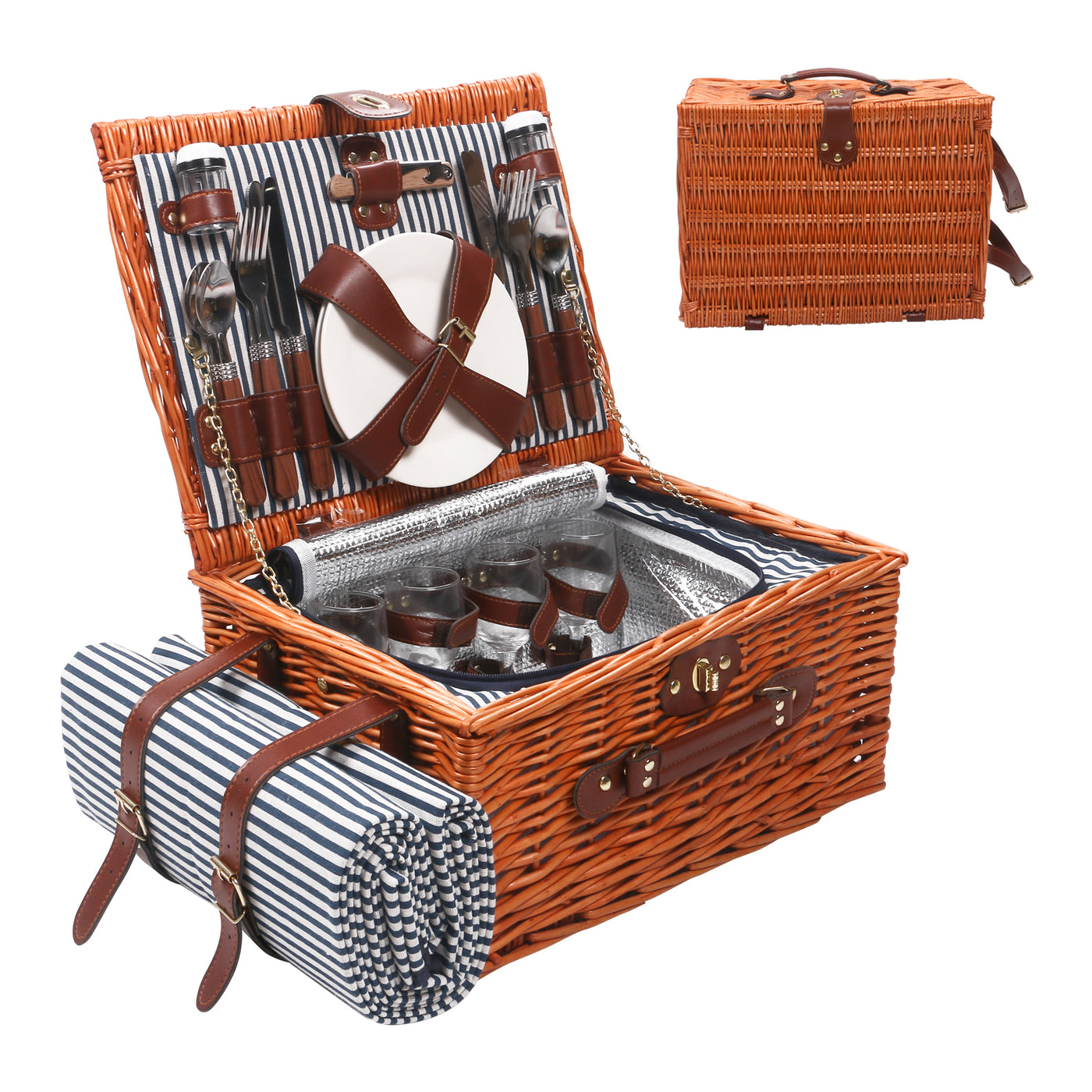 Willow Picnic Basket for 4 Persons with Insulated Compartment, Picnic Basket Sets with Utensils Cutlery Perfect for Valentine Day Wedding, Wicker Hamper for Outdoor Patio Lawn Garden Picnic & Camping