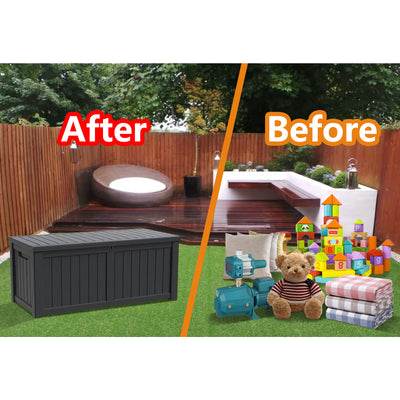 120 Gallon Waterproof Deck Box Patio Furniture Organization Container with Lockable Lid, Resin Outdoor Storage Box for Garden, Yard, Poolside