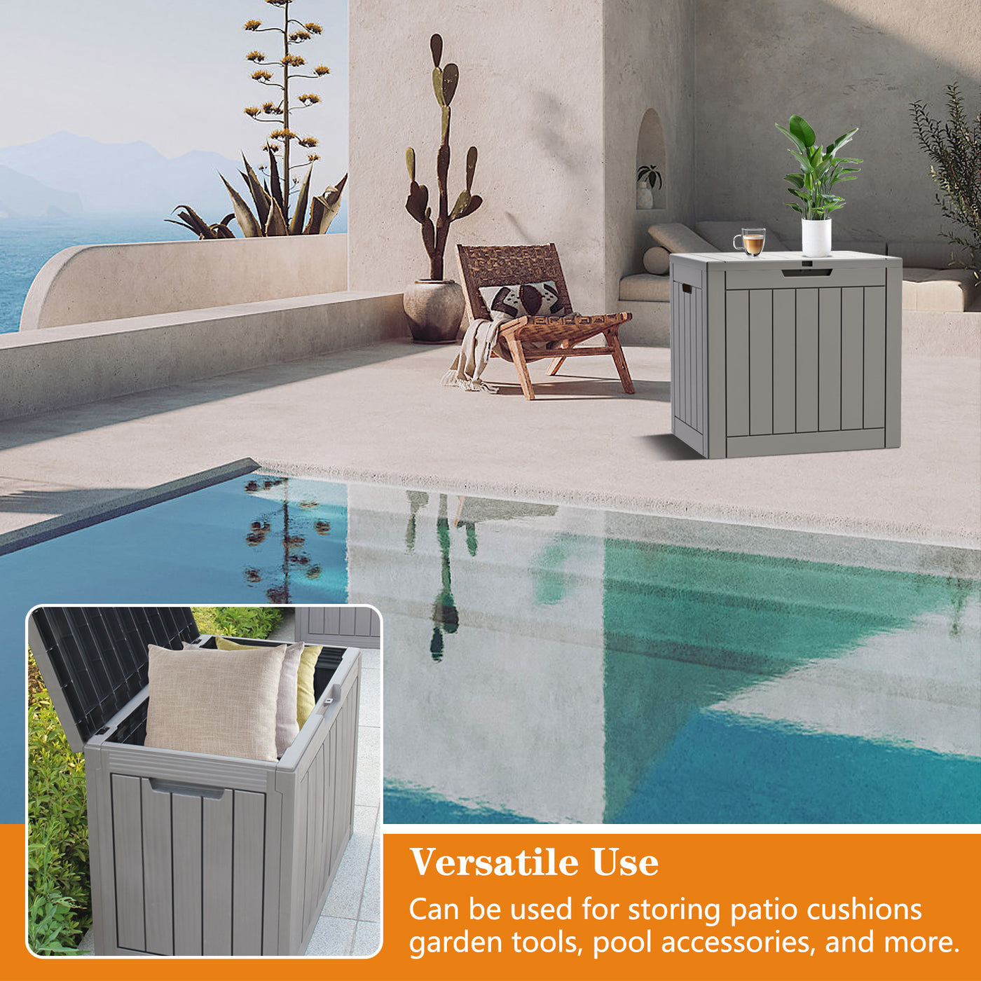 Waterproof Storage Deck Box Patio Furniture Organization Container with Lockable Lid, PP Outdoor Side Table for Garden, Yard, Poolside