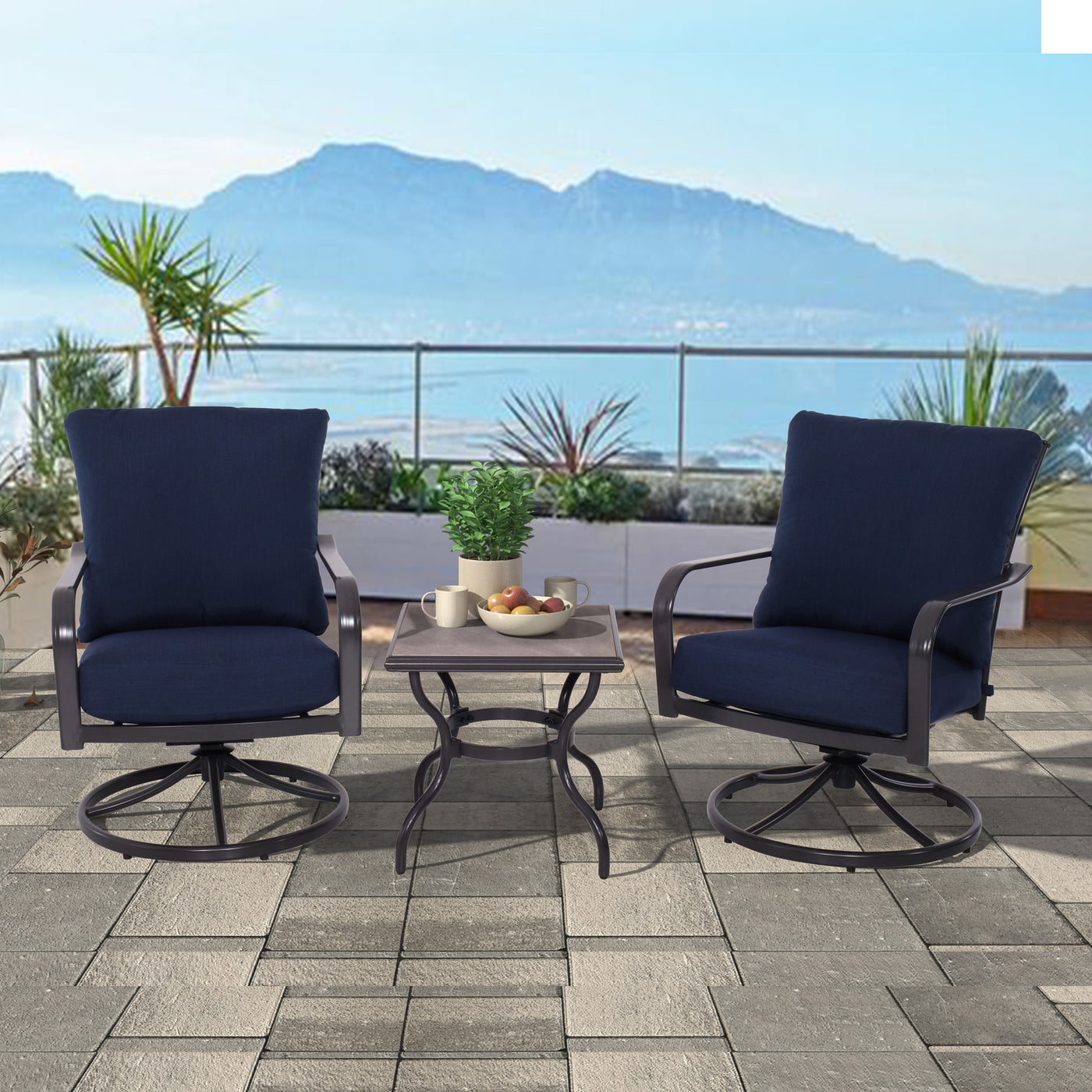 Aluminum 3-Piece Outdoor Conversation Set, All-Weather Patio Furniture Set with 2 Cushioned Swivel Rocking Chairs and Tile Top Side Table for Porch Backyard Garden Deck