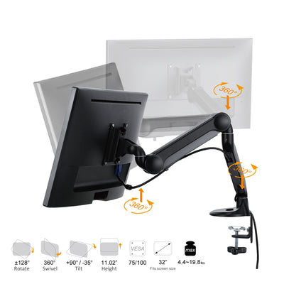 Single Monitor Arm Height Adjustable Monitor Mount with Gas Spring, C Clamp