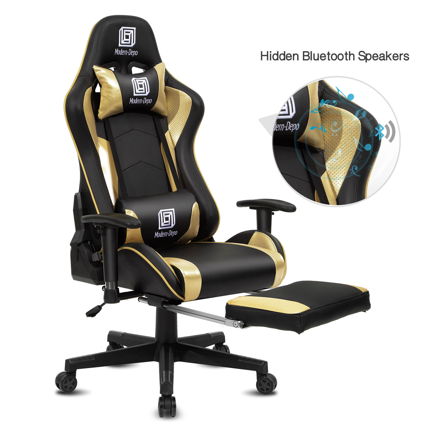 Ergonomic Swivel Racing Gaming Chair with Bluetooth Speaker Headrest Footrest