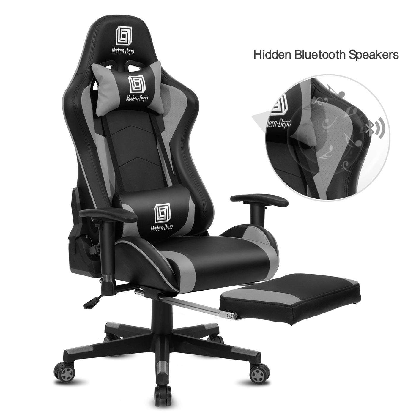 Ergonomic Swivel Racing Gaming Chair with Bluetooth Speaker Headrest Footrest