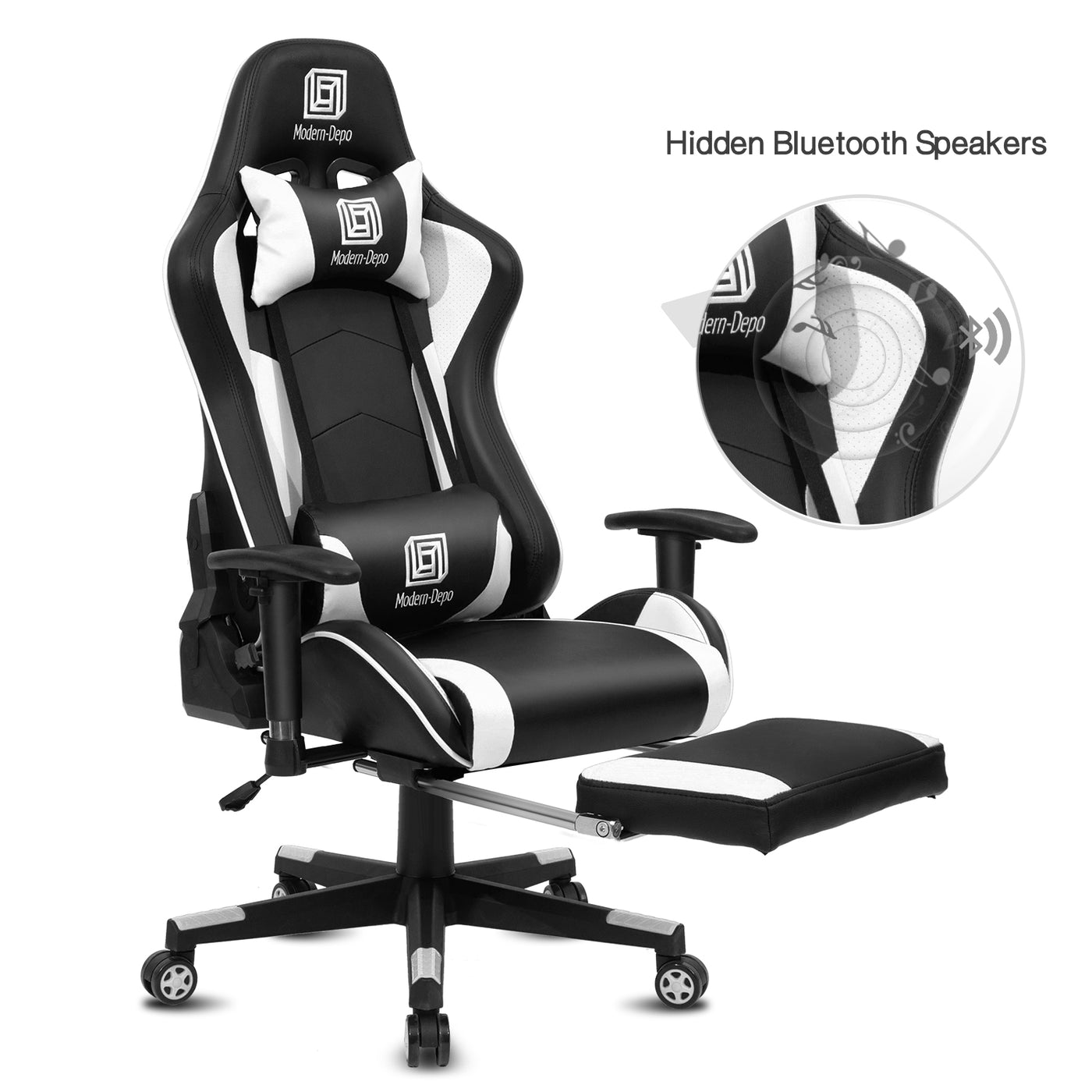 Ergonomic Swivel Racing Gaming Chair with Bluetooth Speaker Headrest Footrest