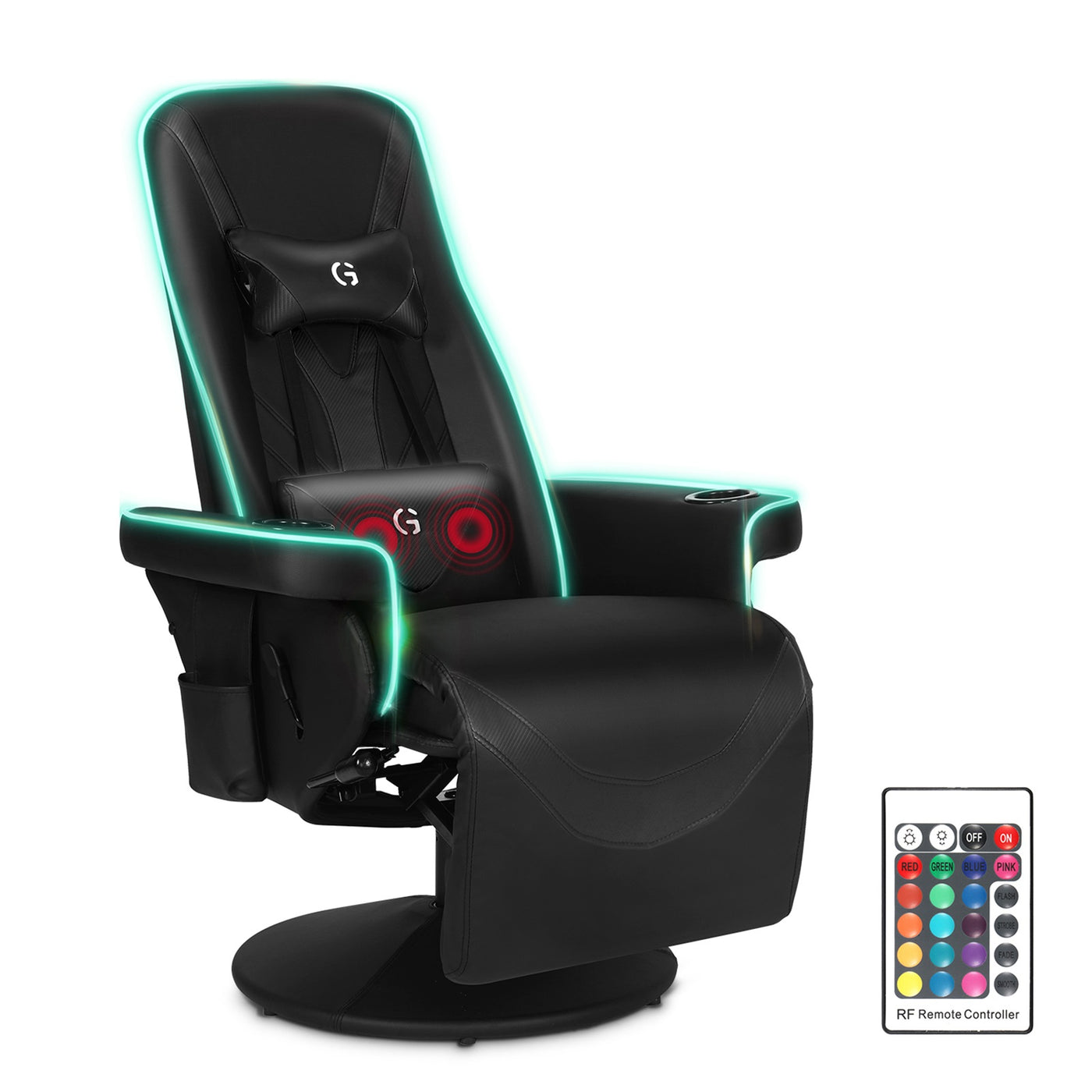 Swivel Gaming Chair Ergonomic Recliner w/ RGB LED Lights Massage Lumbar Support