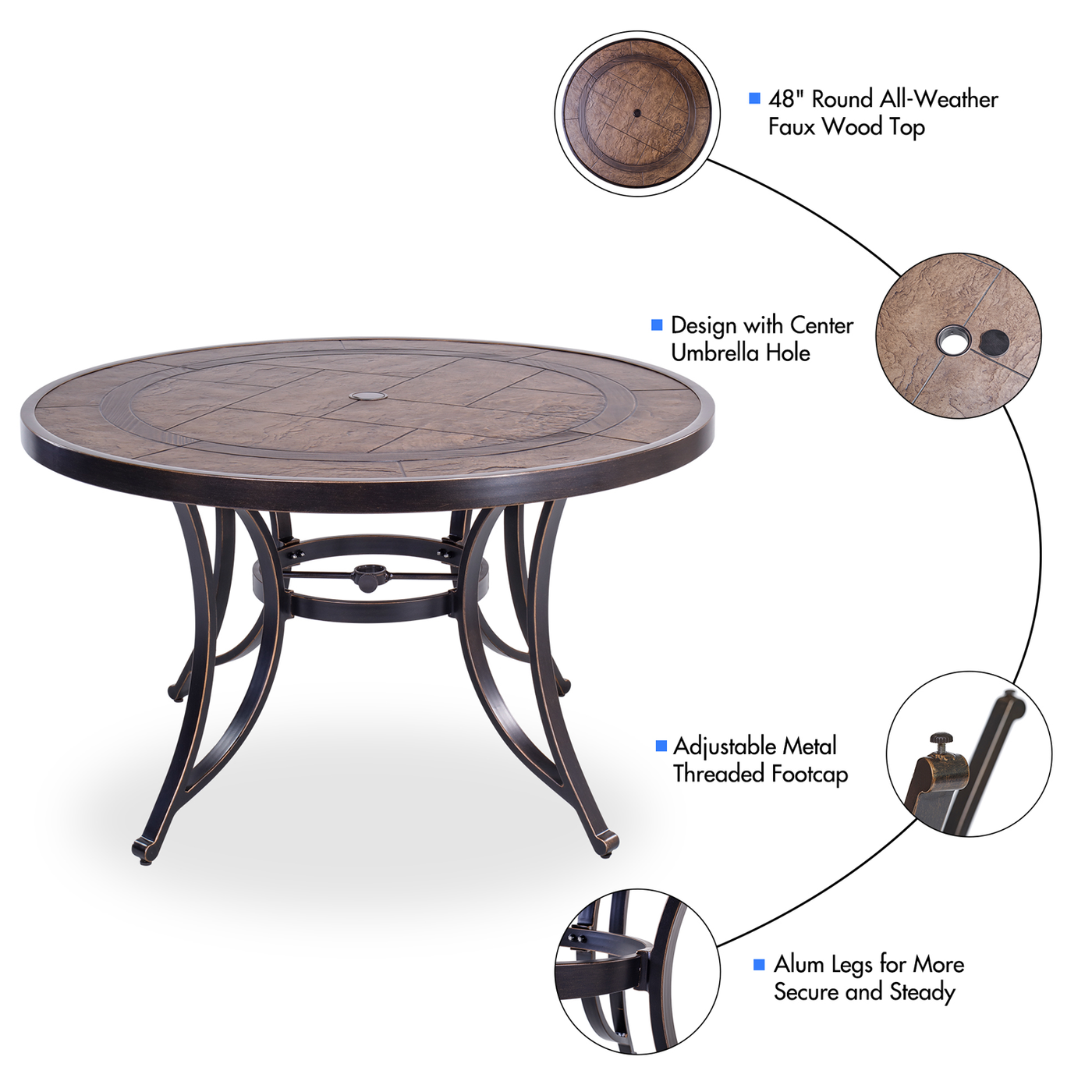 Outdoor 48" Round Dining Table with 2PCS Bistro Swivel Rocker Rotating Chairs