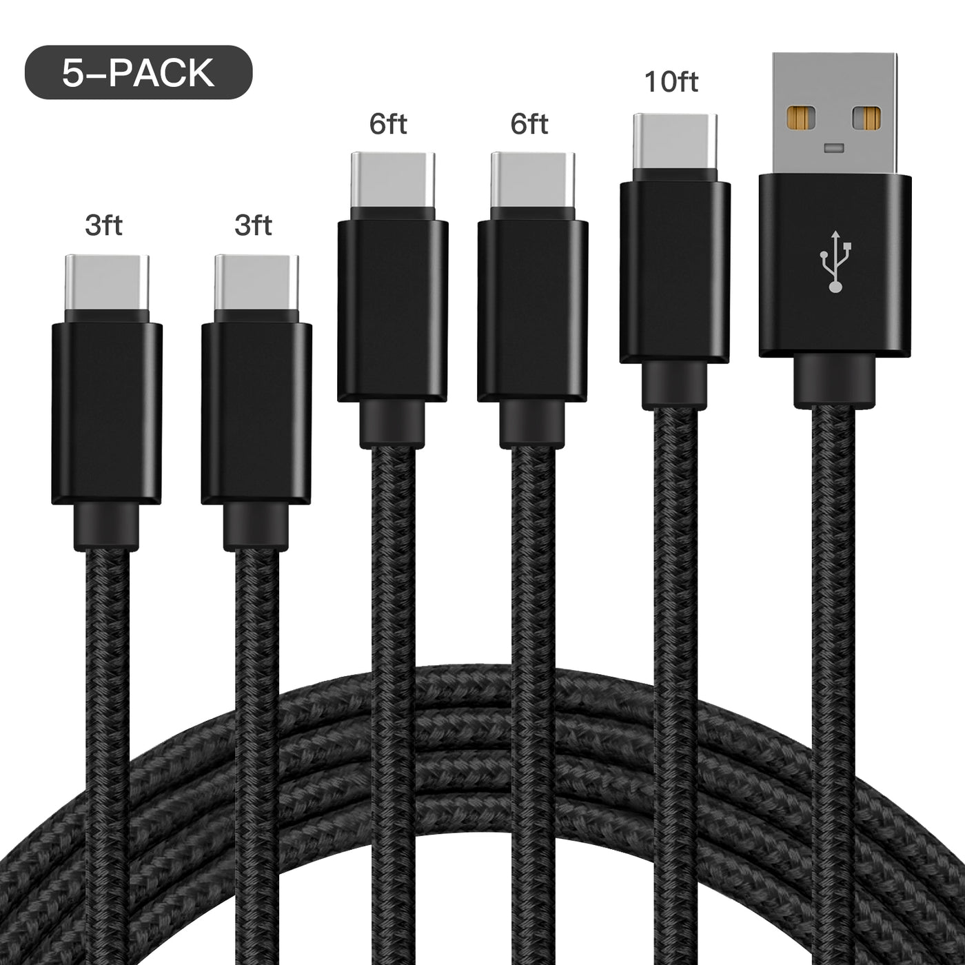 5-Pack Fast Charging Cable USB Type C 3/6/10FT for Samsung Galaxy S10 9 8 Note