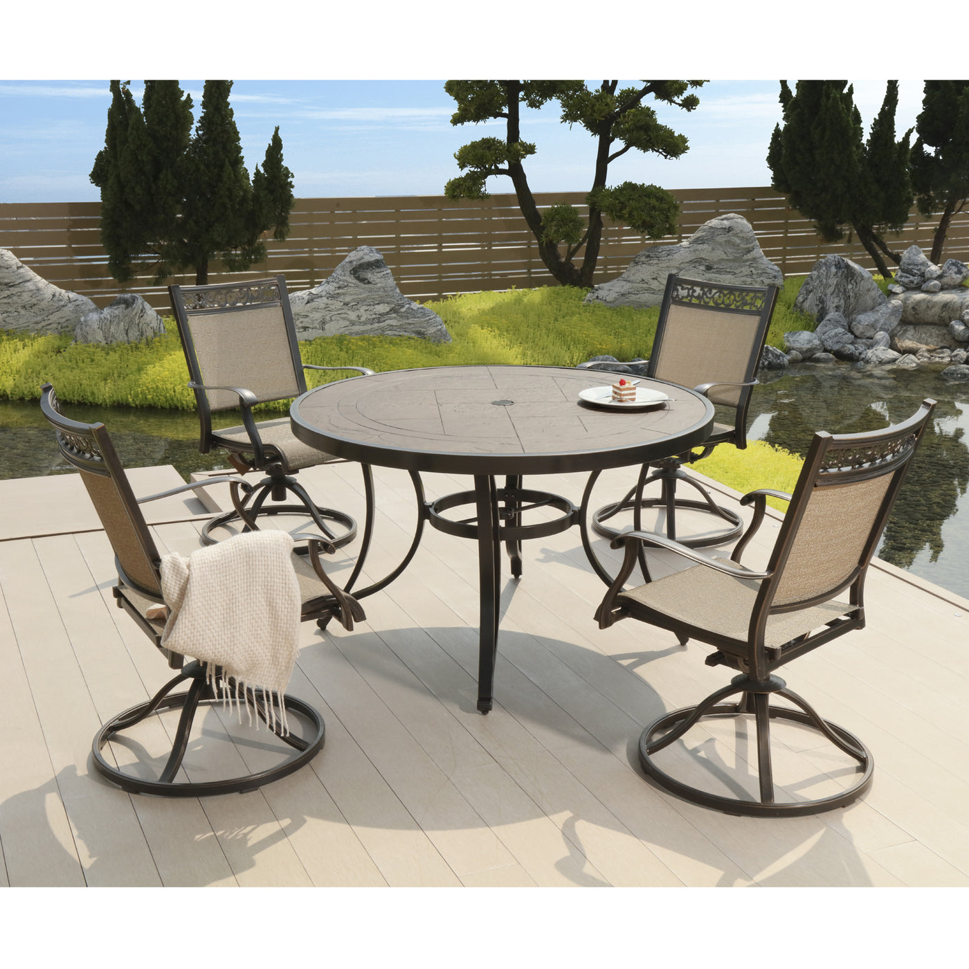 Outdoor 48" Round Dining Table with 2PCS Bistro Swivel Rocker Rotating Chairs