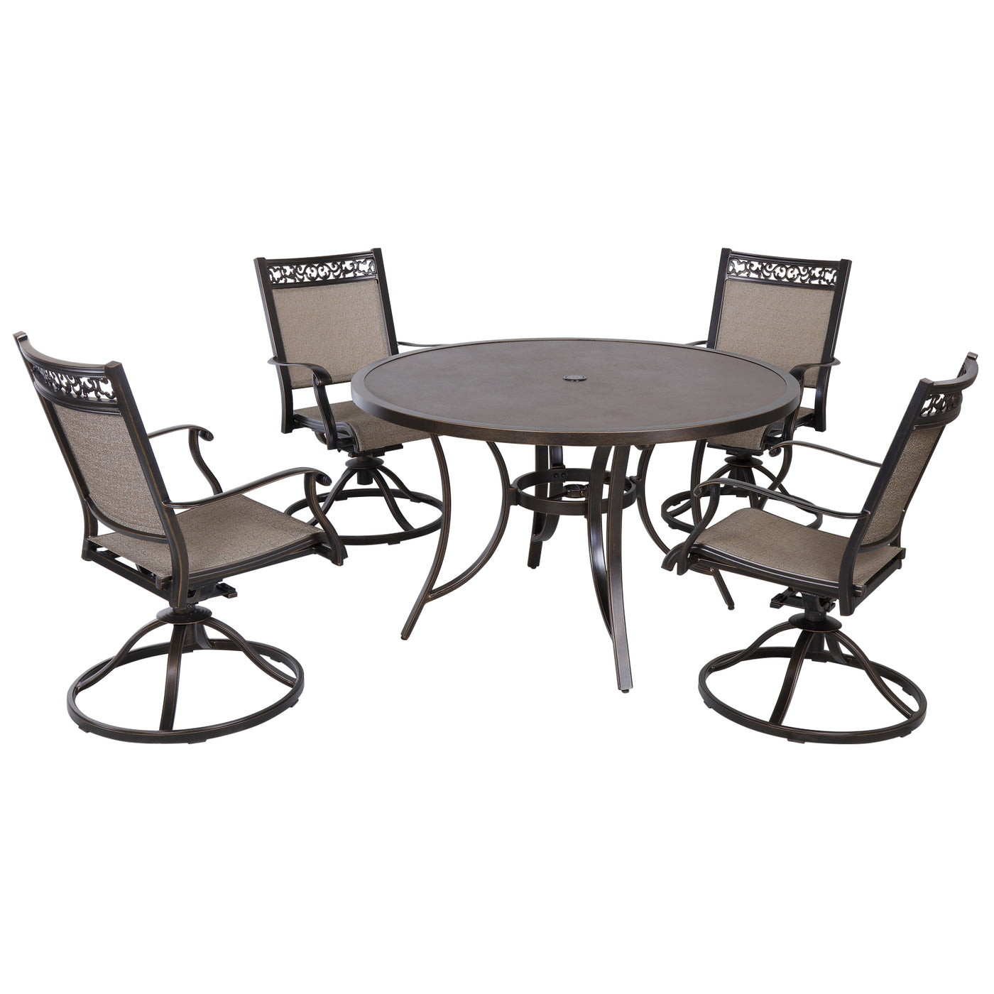 5PCS Furniture Set Patio 48" Round Dining Table & 4PCS Sling Fabric Swivel Chair