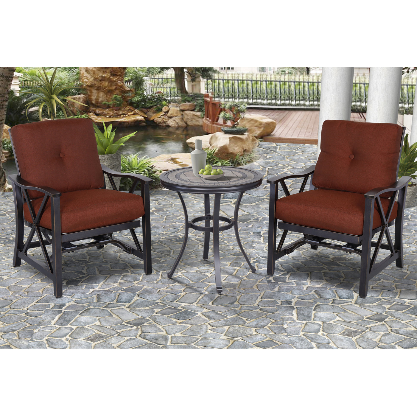 3PCS Bistro Set X Back Chairs & 28" Round Table w/ Sophisticated Tile-Top Design