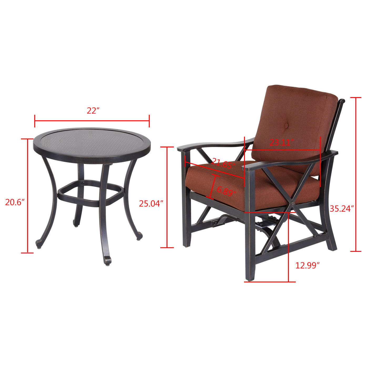 3 PCS Bistro Set Stationary Spring Chairs & Alum Wicker Side Table w/ Glass Top