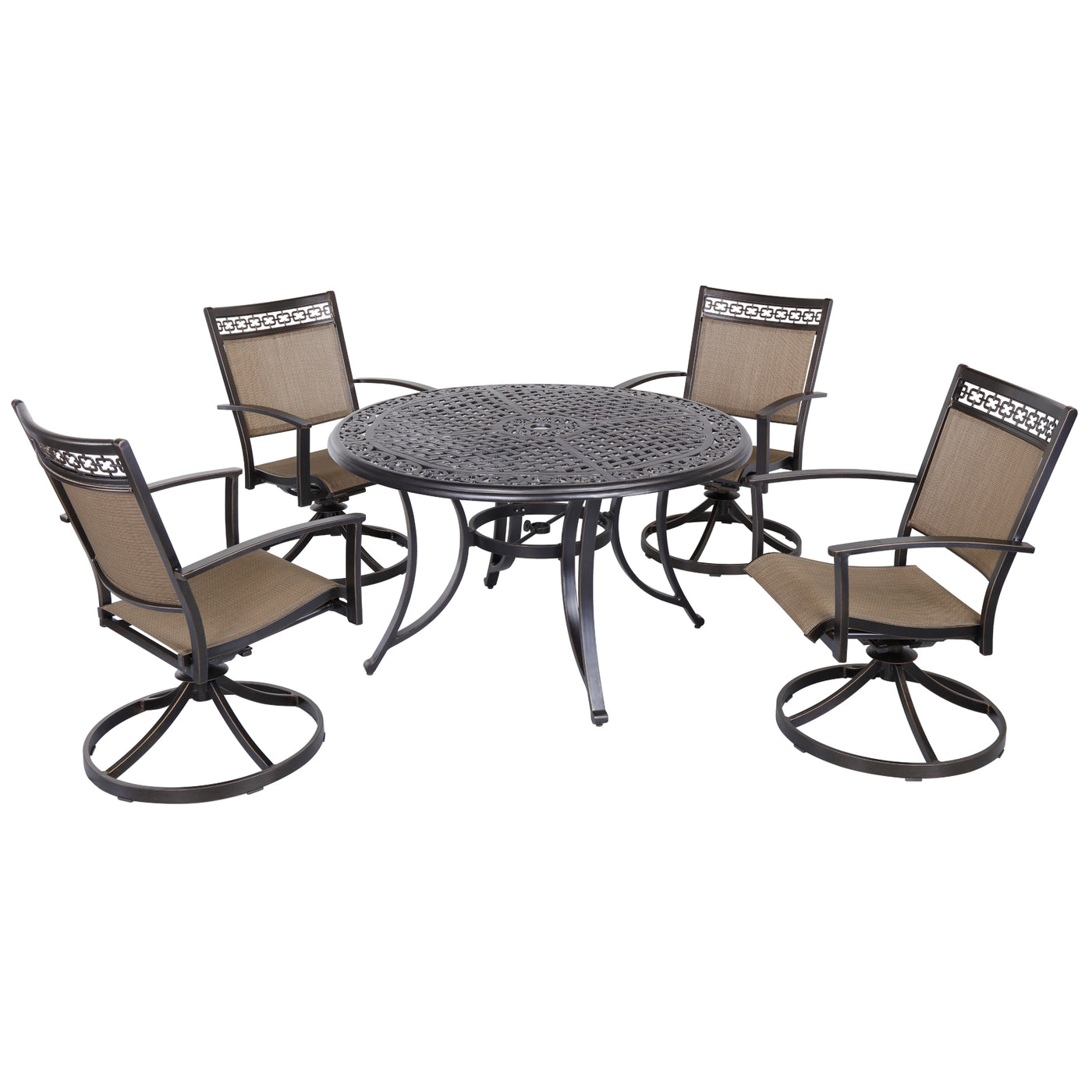 Set of 5 Patio 48" Round Cast Aluminum Dining Table & 4PCS Rocker Sling Chairs