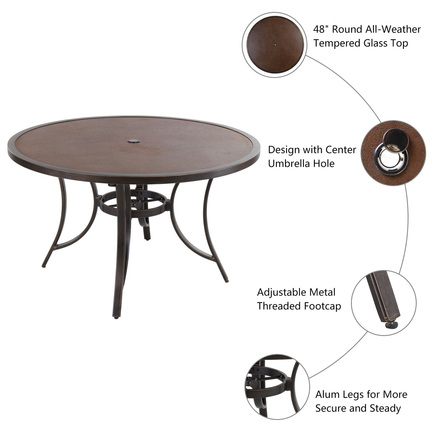 Outdoor 48" Round Table with Umbrella Hole Cast Aluminum Heavy Duty Dining Table