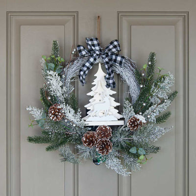 Christmas Front Door Wreath 18" Leaf Pinecone Berry with Lights Xmas Decor Home