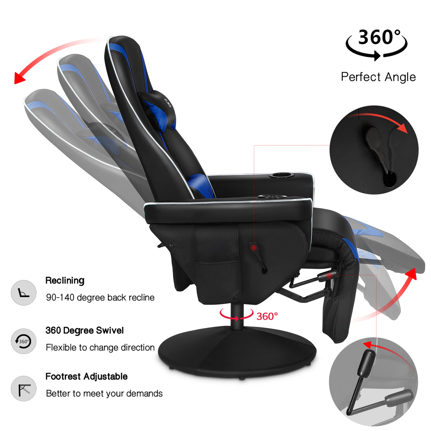 Swivel Gaming Chair Ergonomic Recliner w/ RGB LED Lights Massage Lumbar Support
