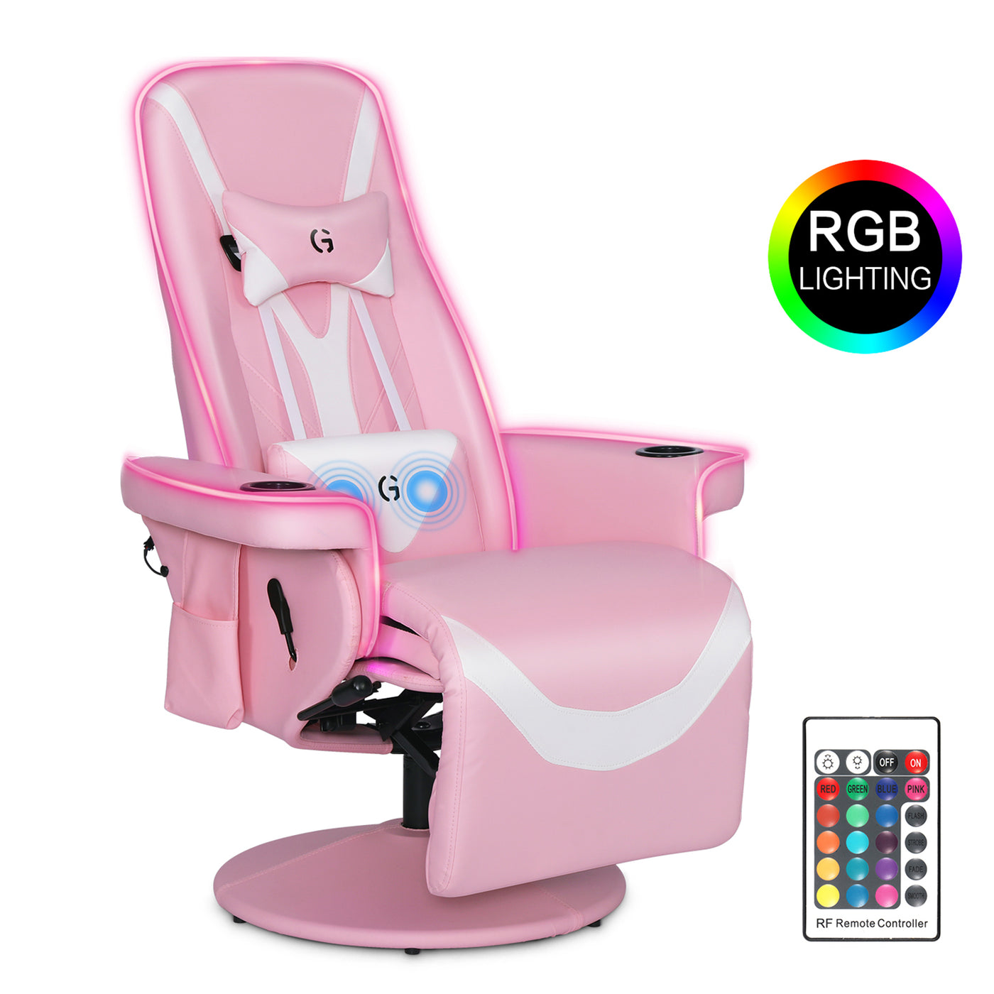 Swivel Gaming Chair Ergonomic Recliner w/ RGB LED Lights Massage Lumbar Support