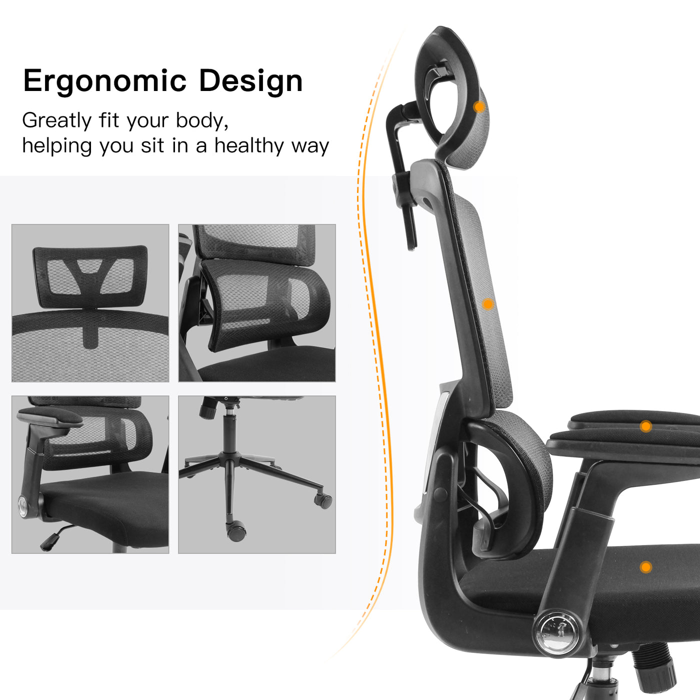 Ergonomic Home Office Breathable Mesh Chair Flip-up Armrest Computer Task Chair