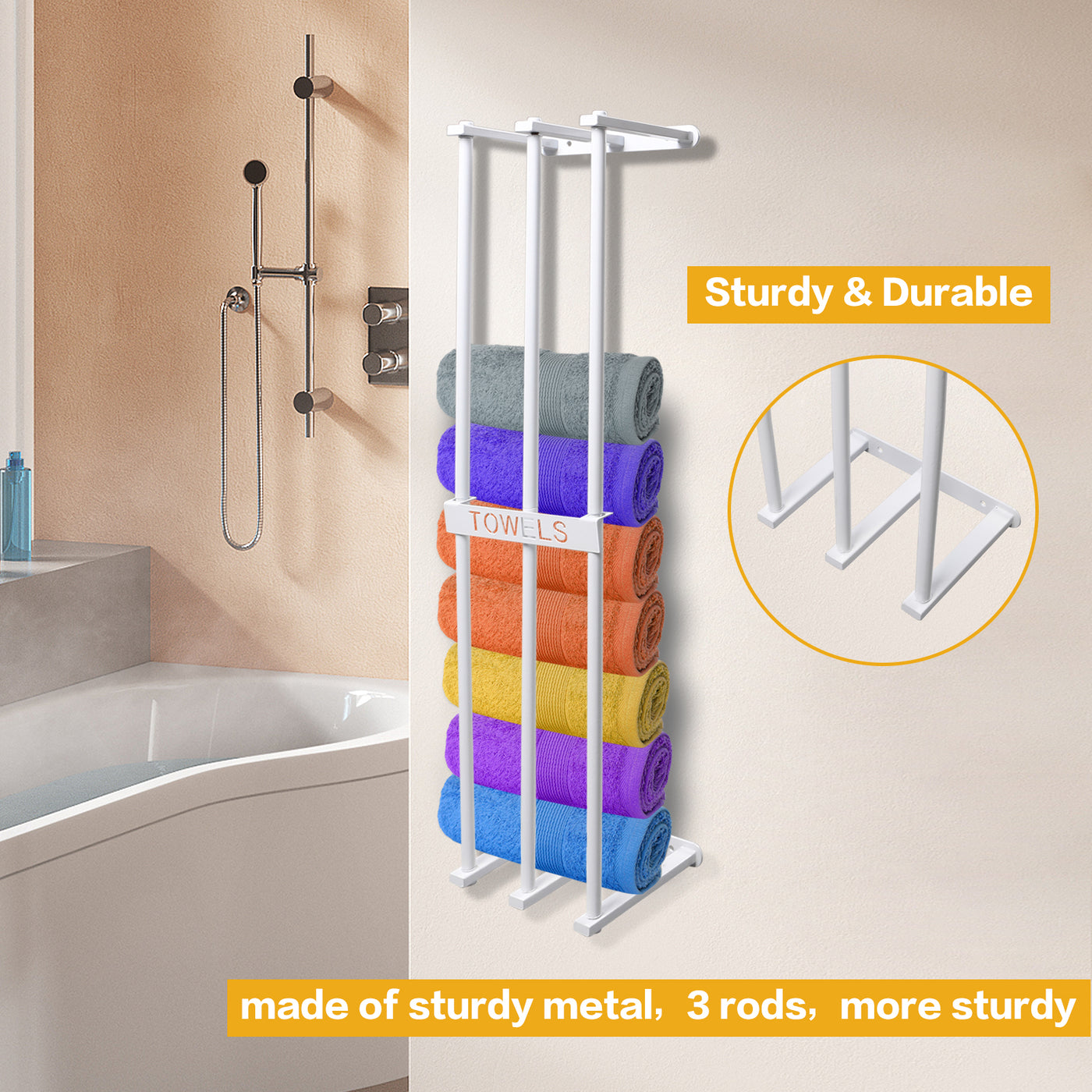 Bathroom Wall Towel Rack for Rolled Towels, New Upgrade 3 Bar Towel Racks Holder for Folded Large Towel Washcloths