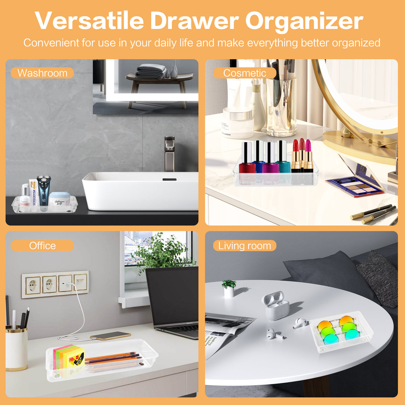 25PCS Clear Drawer Organizer Set 4 Sizes Versatile Desk Drawer Storage Box Bathroom Dresser Dividers Trays Box for Makeup, Jewelries, Kitchen Utensils, Gadgets, Office