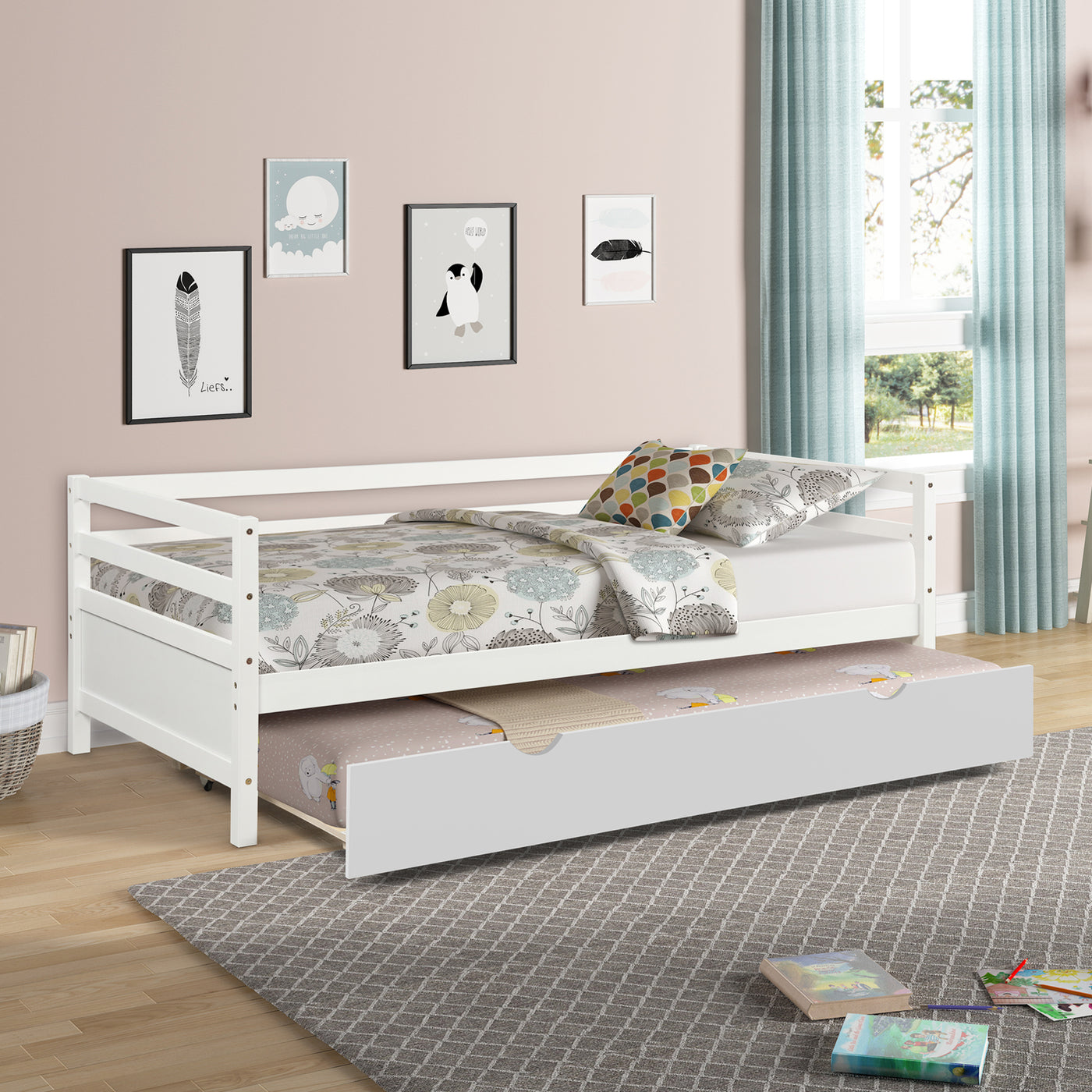Twin Daybed with Trundle Concave Design, Sturdy Bed Frame Mattress Foundation
