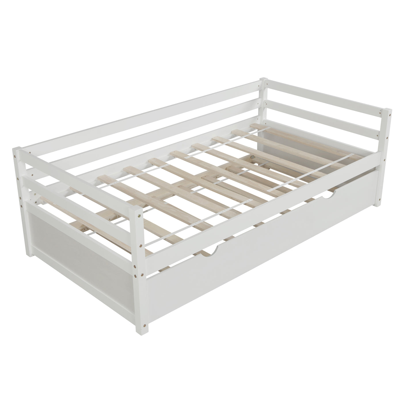 Twin Daybed with Trundle, Slats Support Mattress Foundation, Casters, High Headboard, Concave Design, No Box Spring Needed