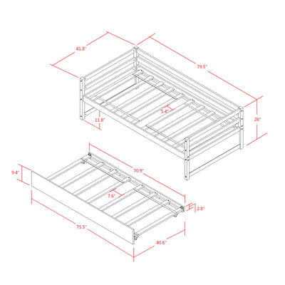 Twin Daybed with Trundle, Slats Support Mattress Foundation, Casters, High Headboard, Concave Design, No Box Spring Needed