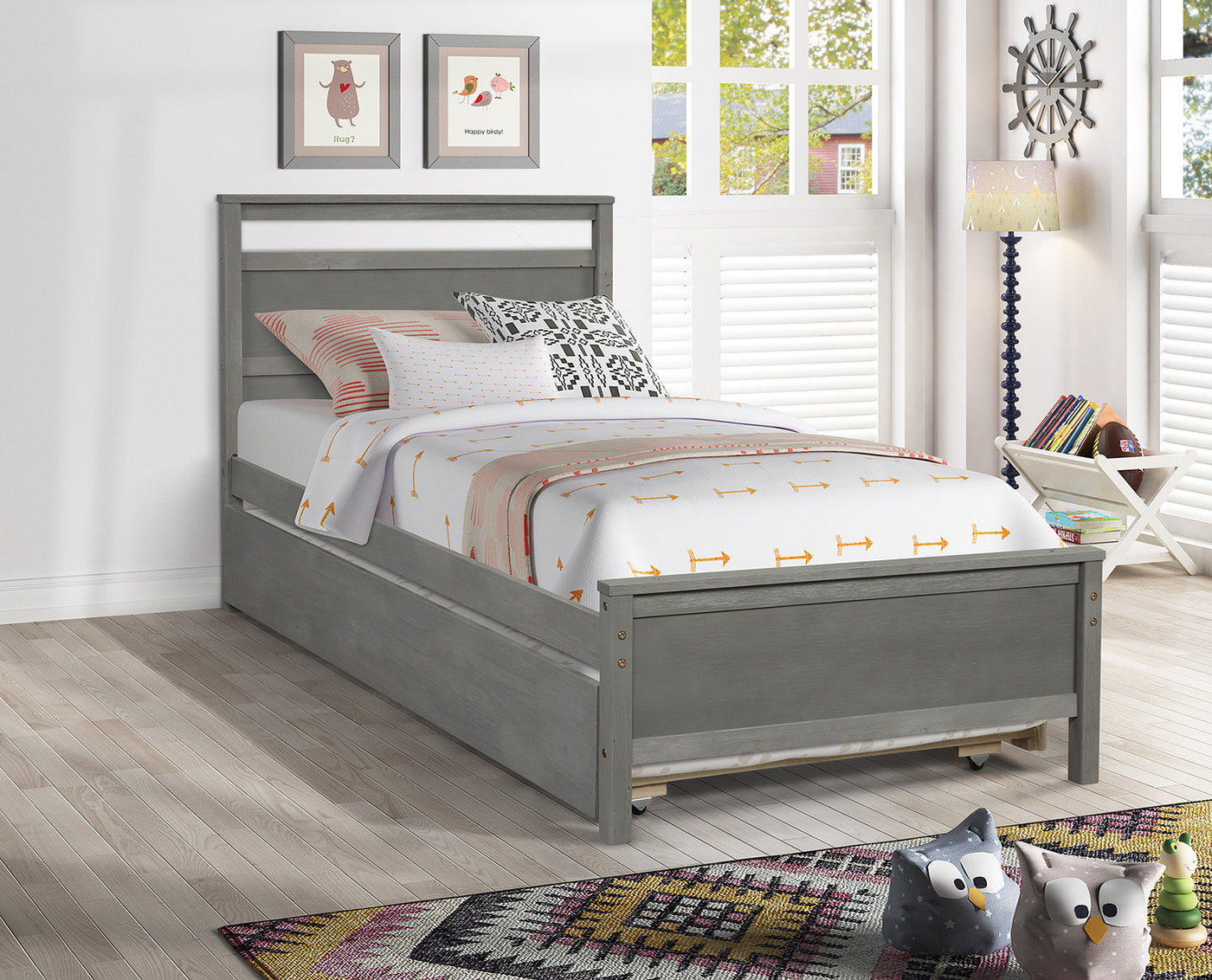 Twin Bed Frame with Trundle Wood Mattress Foundation Space-Saving Gray Sofa Bed