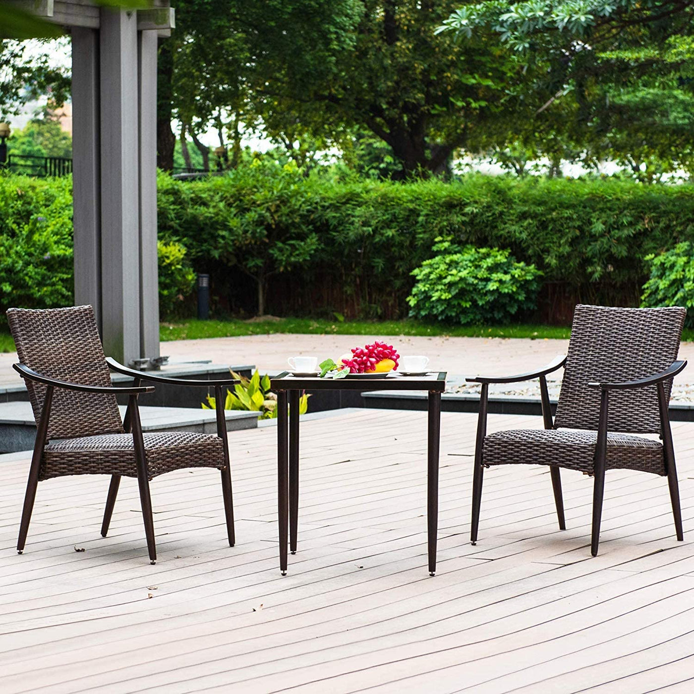 Set of 3 Patio Bistro Table and Wicker Chairs Outdoor Garden Lawn Furniture