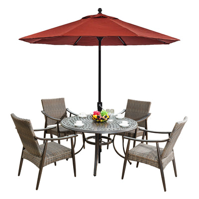 Outdoor 6 Piece Dining Set Patio Furniture of Wicker Dining Chairs,48" Aluminum Casting Top Dining Table and Patio Umbrella