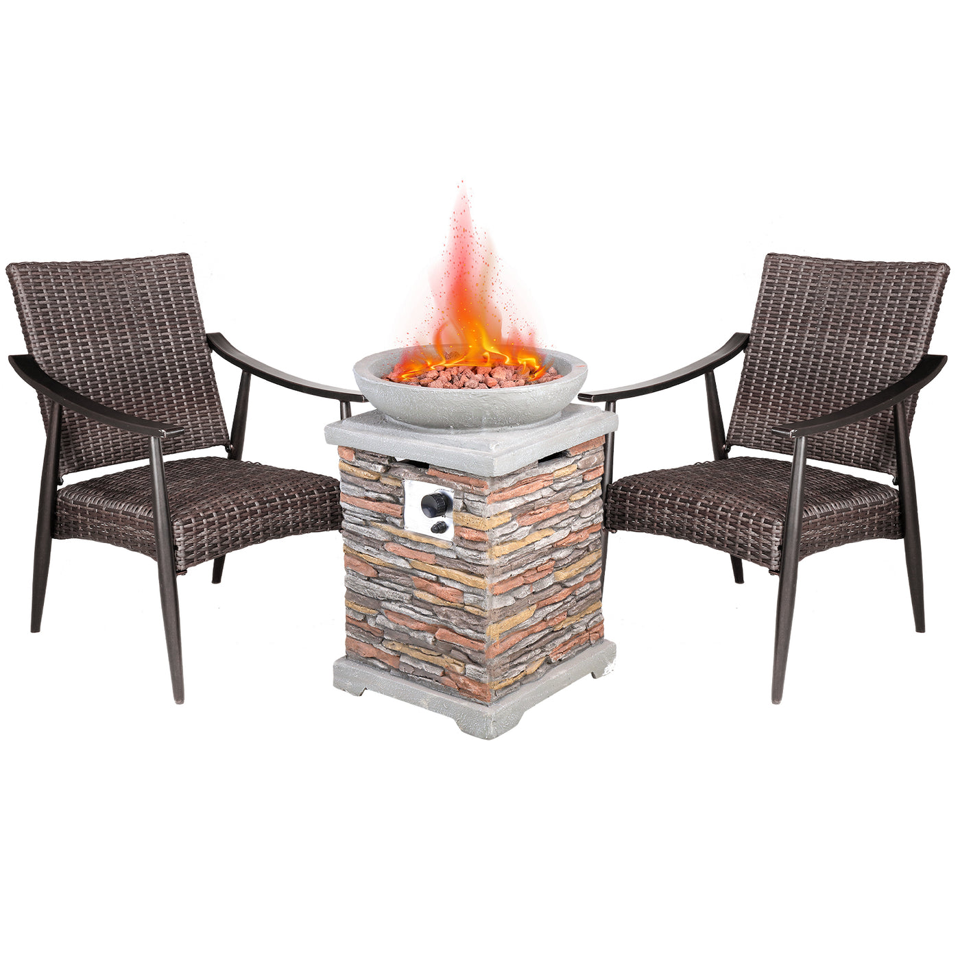 20" Patio Realistic Faux Ledgestone Panel Propane Fire Pit Table Set w/ 2 Chairs