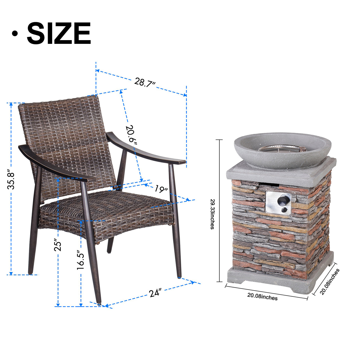 20" Patio Realistic Faux Ledgestone Panel Propane Fire Pit Table Set w/ 2 Chairs