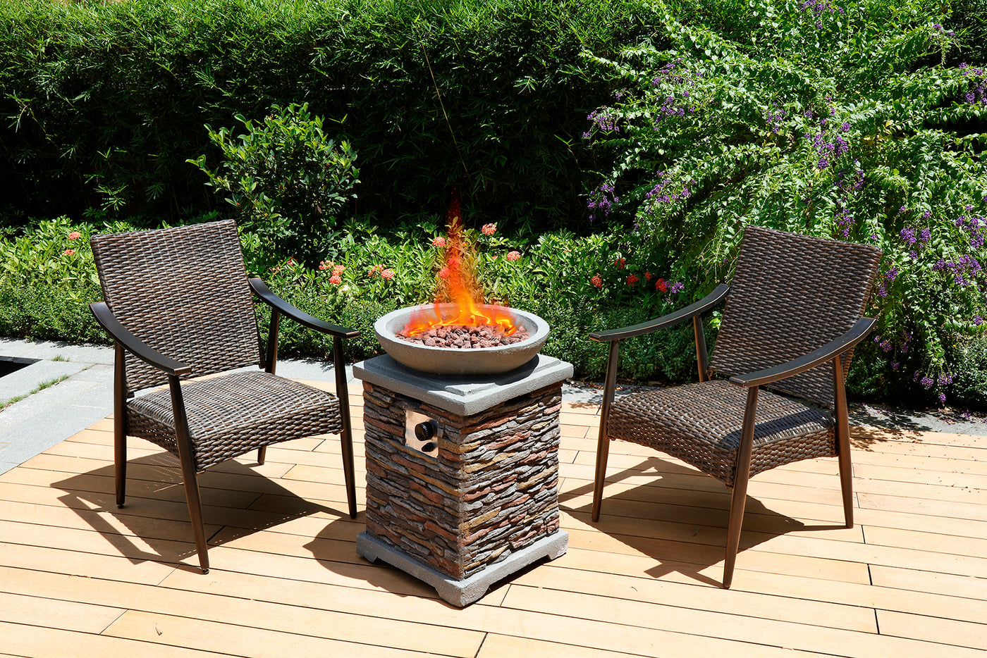 20" Patio Realistic Faux Ledgestone Panel Propane Fire Pit Table Set w/ 2 Chairs