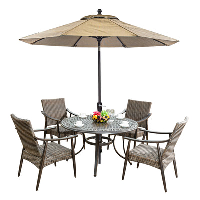 Outdoor 6 Piece Dining Set Patio Furniture of Wicker Dining Chairs,48" Aluminum Casting Top Dining Table and Patio Umbrella