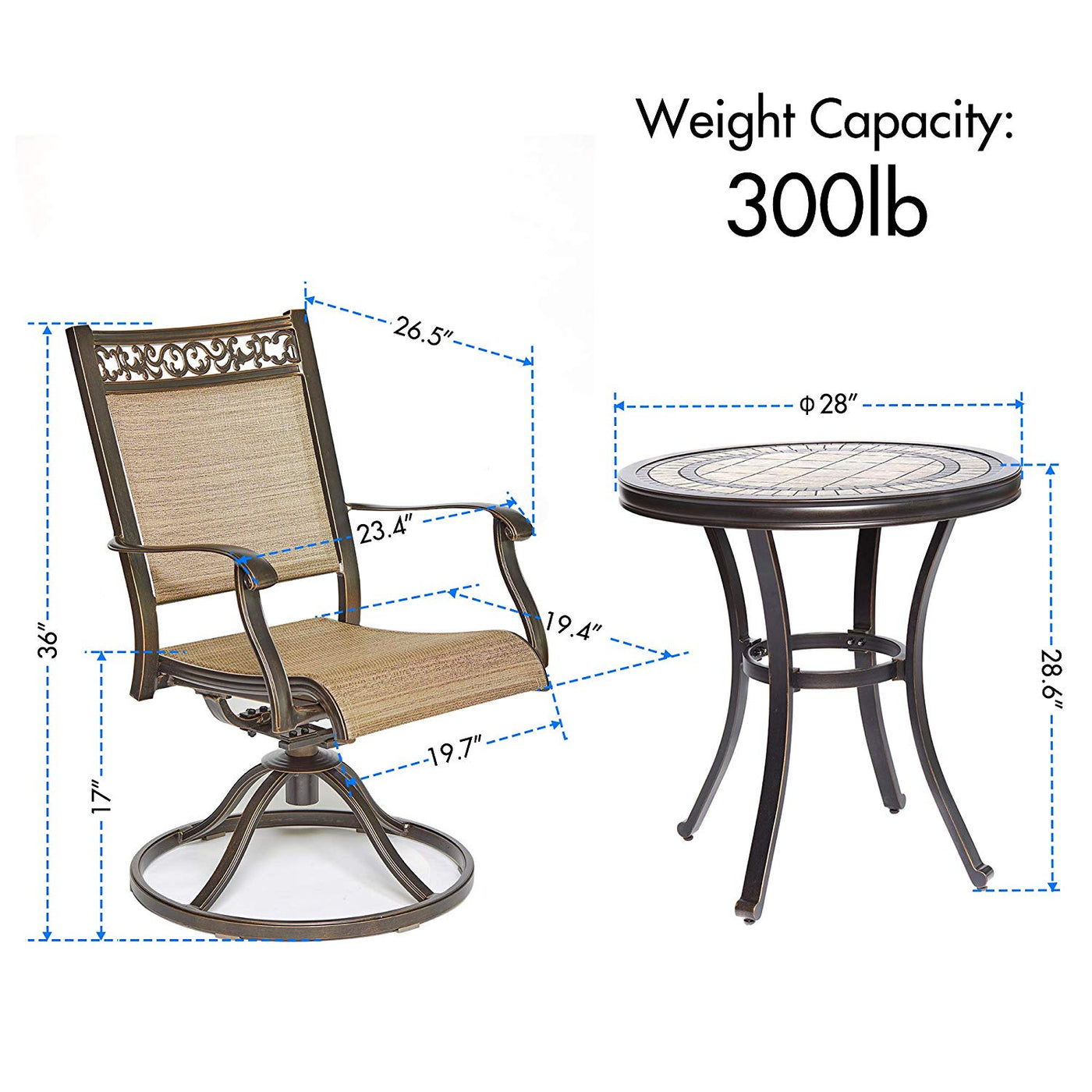 Round Bistro Table Swivel Rocker Chairs Outdoor Garden Furniture, Set of 3