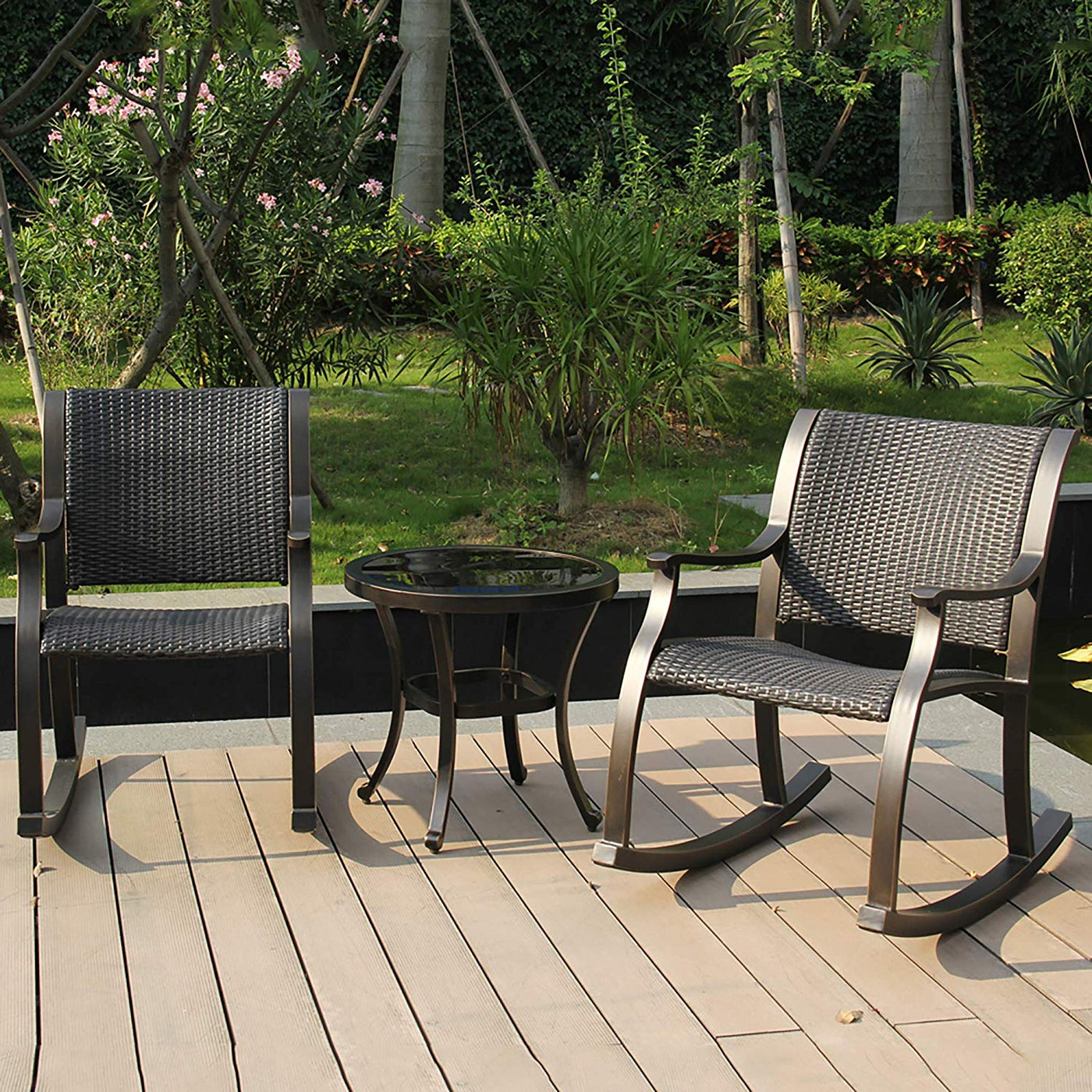 Set of 3 Tempered Glass Table Wicker Mesh Rocking Chairs Outdoor Patio Furniture