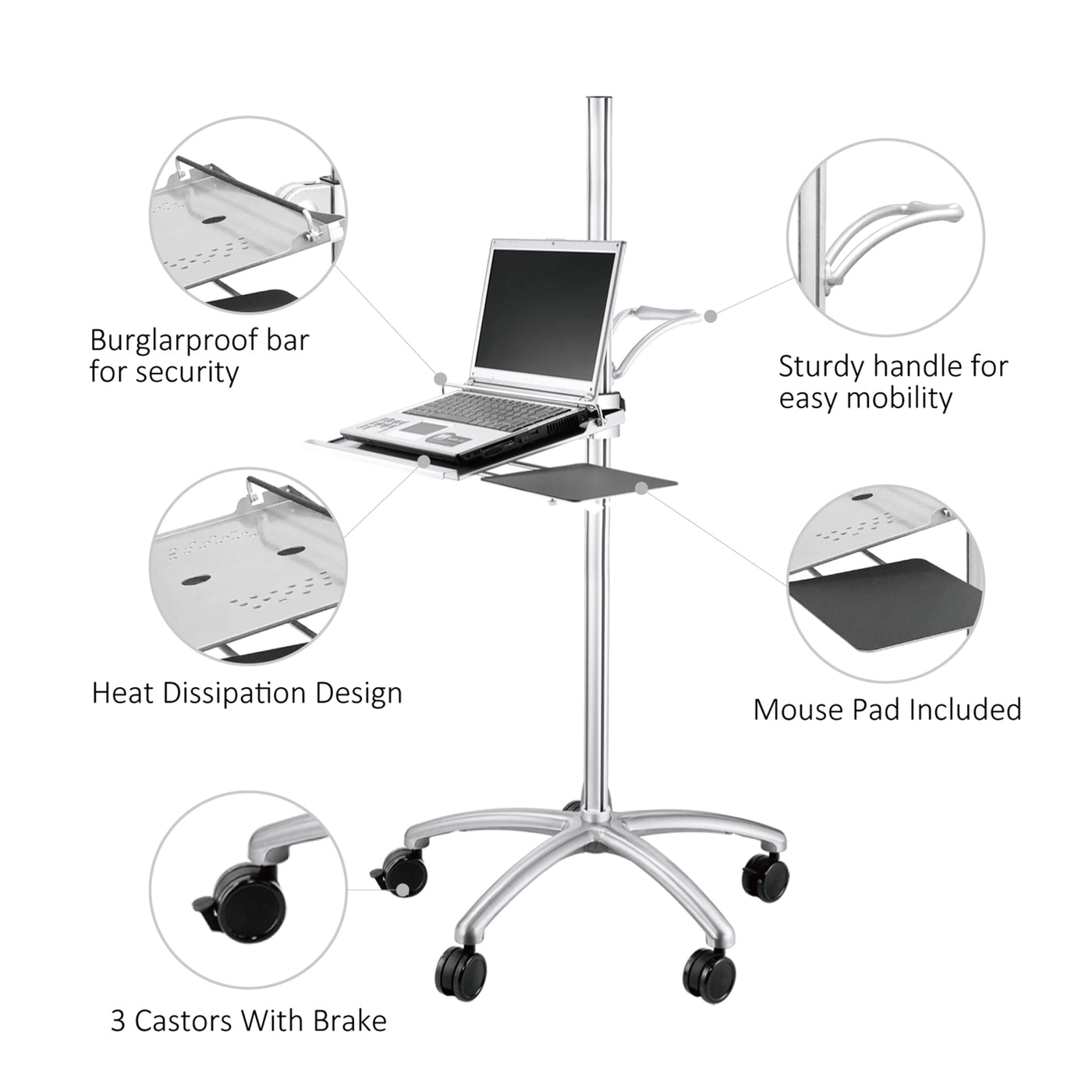 Mobile Laptop Workstation Height Adjustable Rolling Tabletop Mouse Pad Included