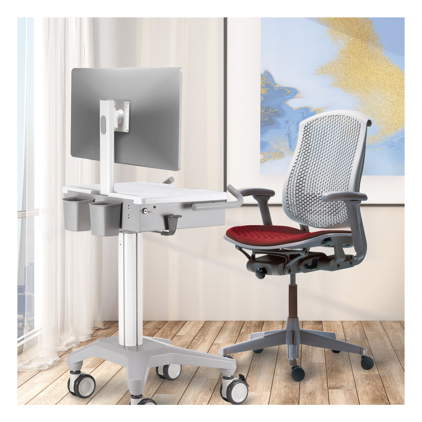 Mobile Workstation Adjustable Monitor Mount with Keyboard, Mouse Tray, Casters