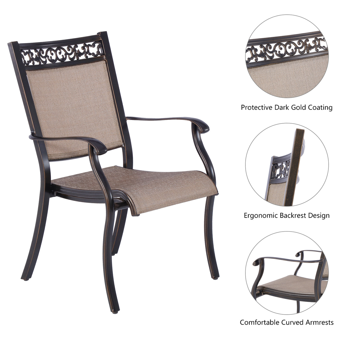 Patio Dining Rustproof Fabric Chairs Set of 4 Alumin Sling Chairs with Armrests