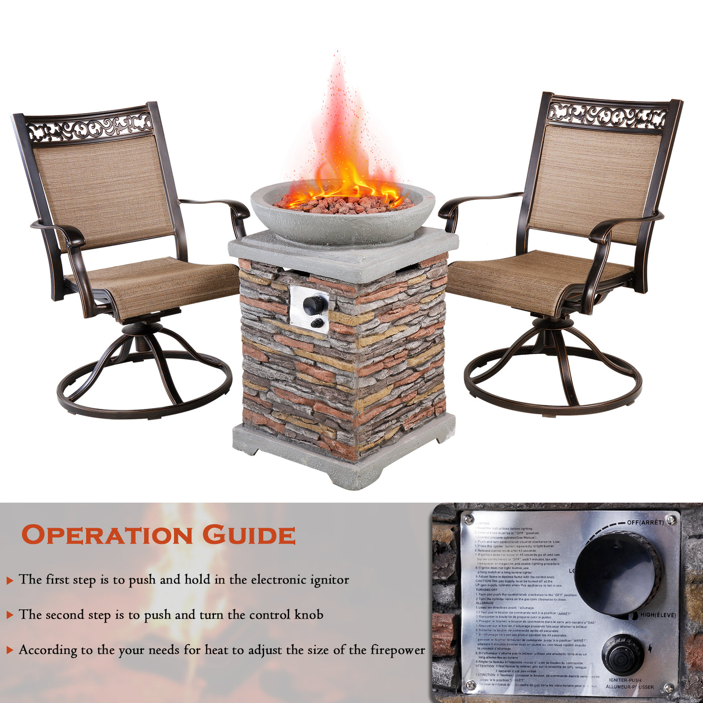 20" Outdoor Propane Fire Pit Table, Realistic Faux Ledgestone Panel Fireplace