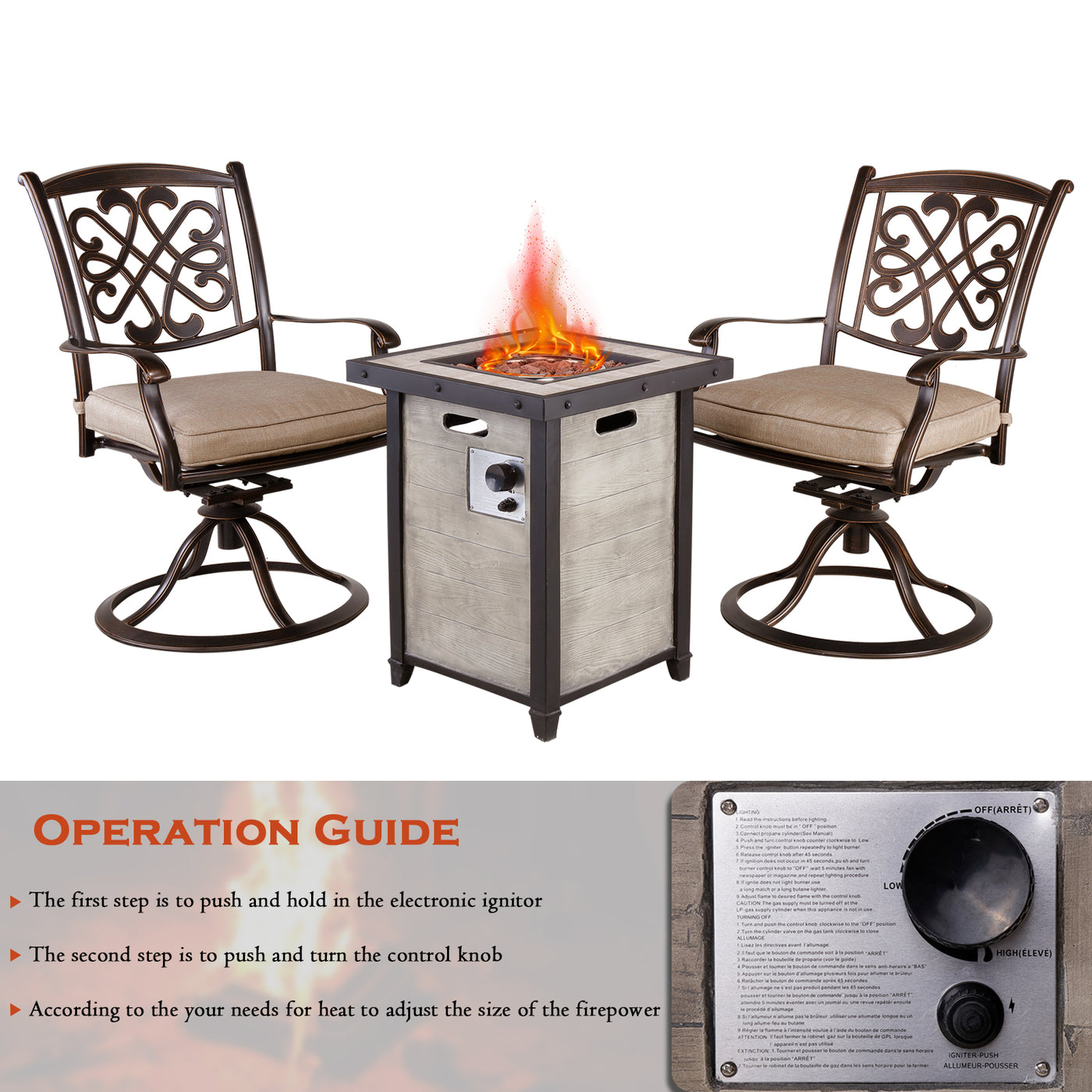 20" Outdoor Propane Fire Pit Table, Realistic Faux Wood Pattern Patio Fireplace