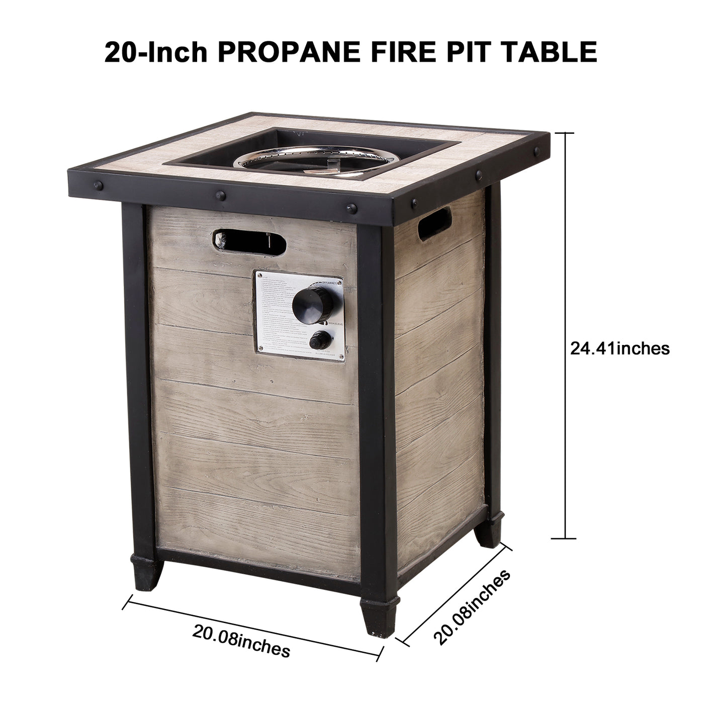 20" Outdoor Propane Fire Pit Table, Realistic Faux Wood Pattern Patio Fireplace